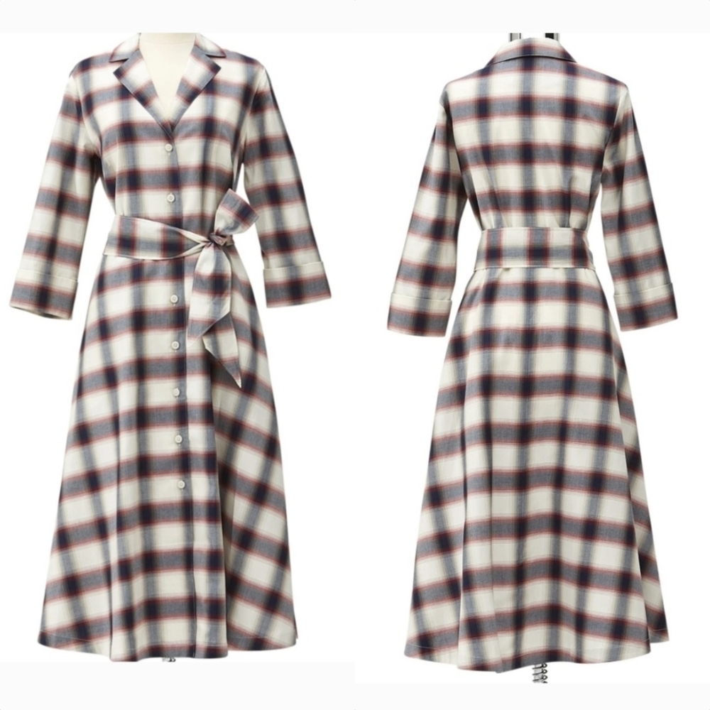 New J. Peterman 1947 Plaid Belted Button Up A Line Midi Shirt Dress